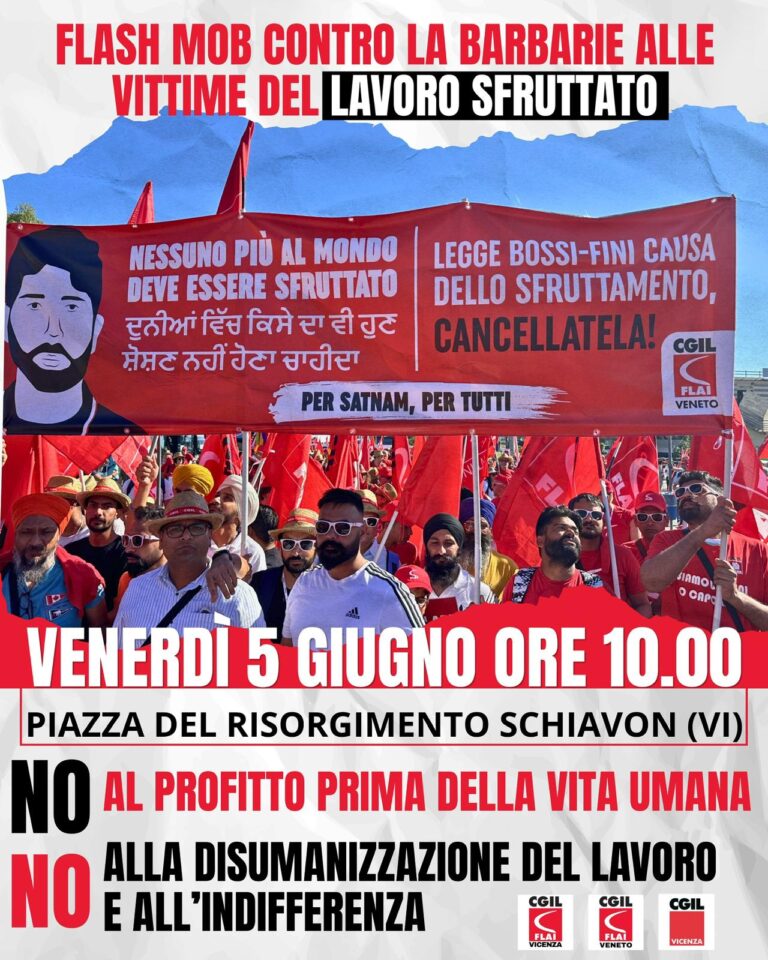 Venerdì 5 giugno 2025 a Schiavon un flash mob in difesa dei braccianti agricoli: basta con la barbarie verso i lavoratori!